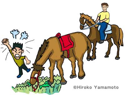 草を食べ歩かない馬に怒るT君