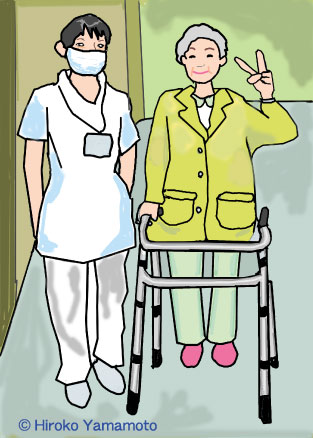 看護師さんに付き添われ歩行器を使っていた時の様子