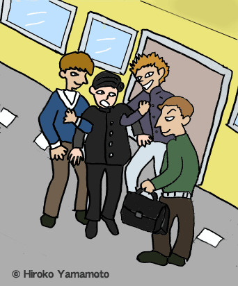 私服姿の3人が1人の学生服を着た高校生を取り囲み、左右の2人が学生服の男の子の腕を抱え、もう1人が取り囲まれた男の子の学生カバンを持っています。