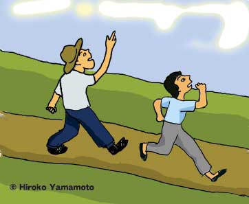 若い男性と、中年の男性が、空を見上げながら右往左往と走っている